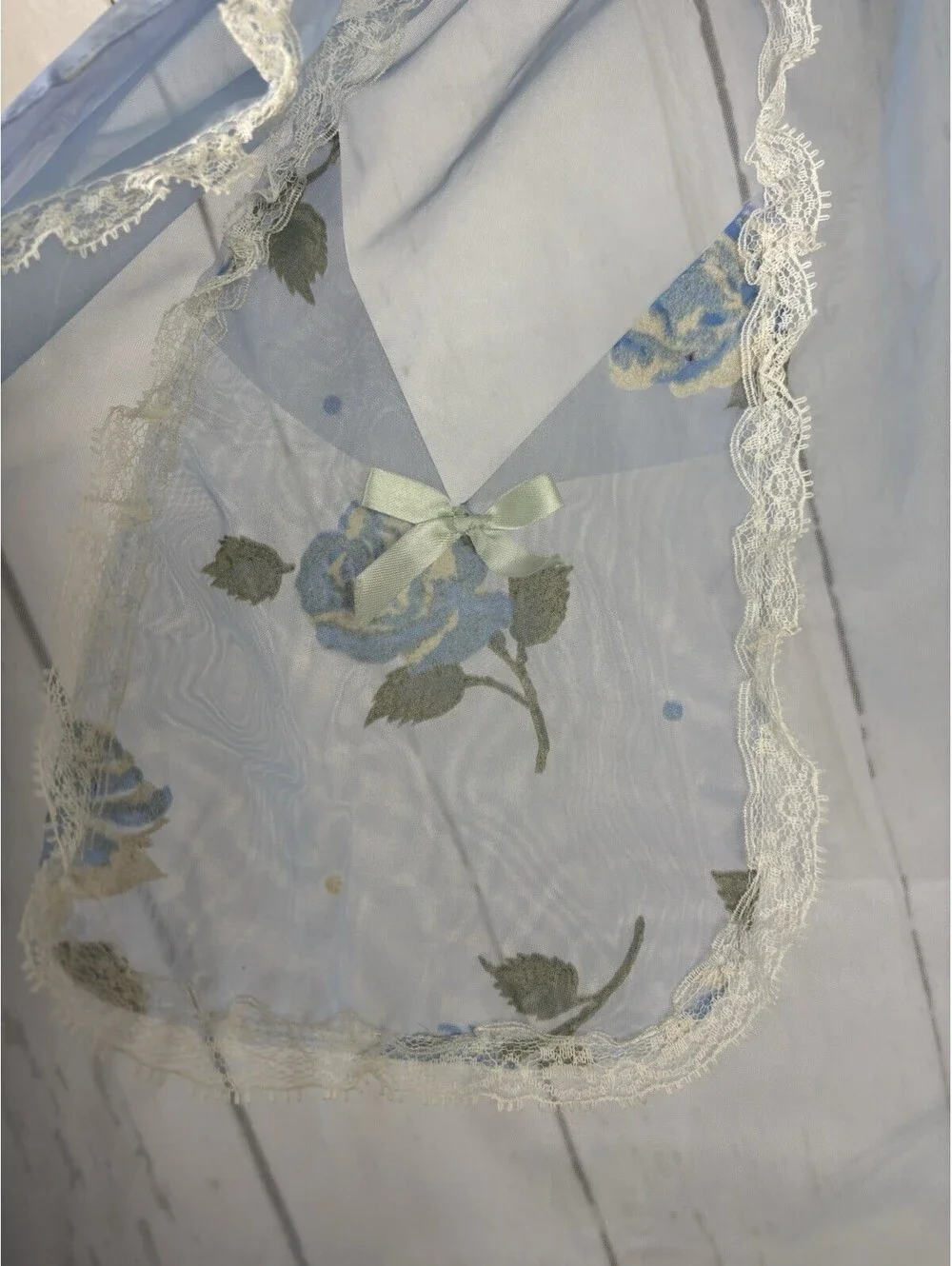 VTG 50s Hostess Half Apron Blue Organza White Trim Blue Roses Applications